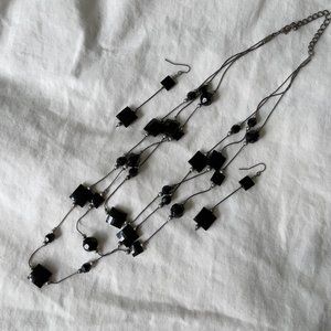 Black and Gray Square Beaded Layered Necklace and Drop Earrings Set